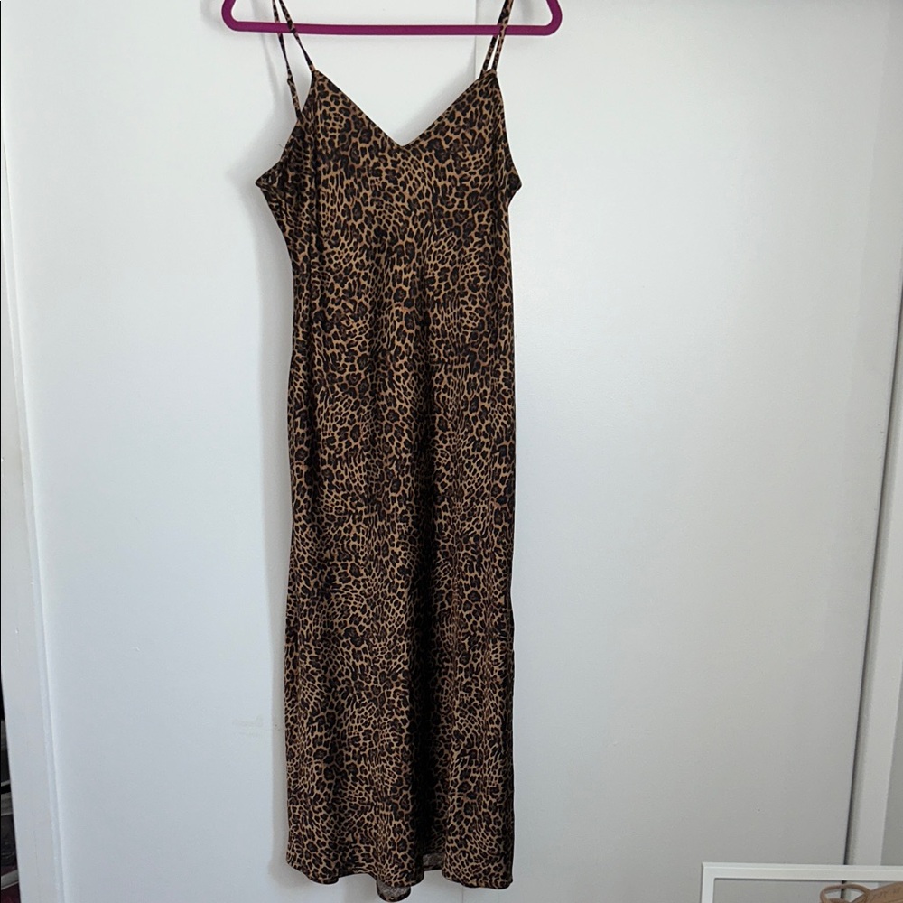 Leopard Print Slip Dress with side slit- Brown